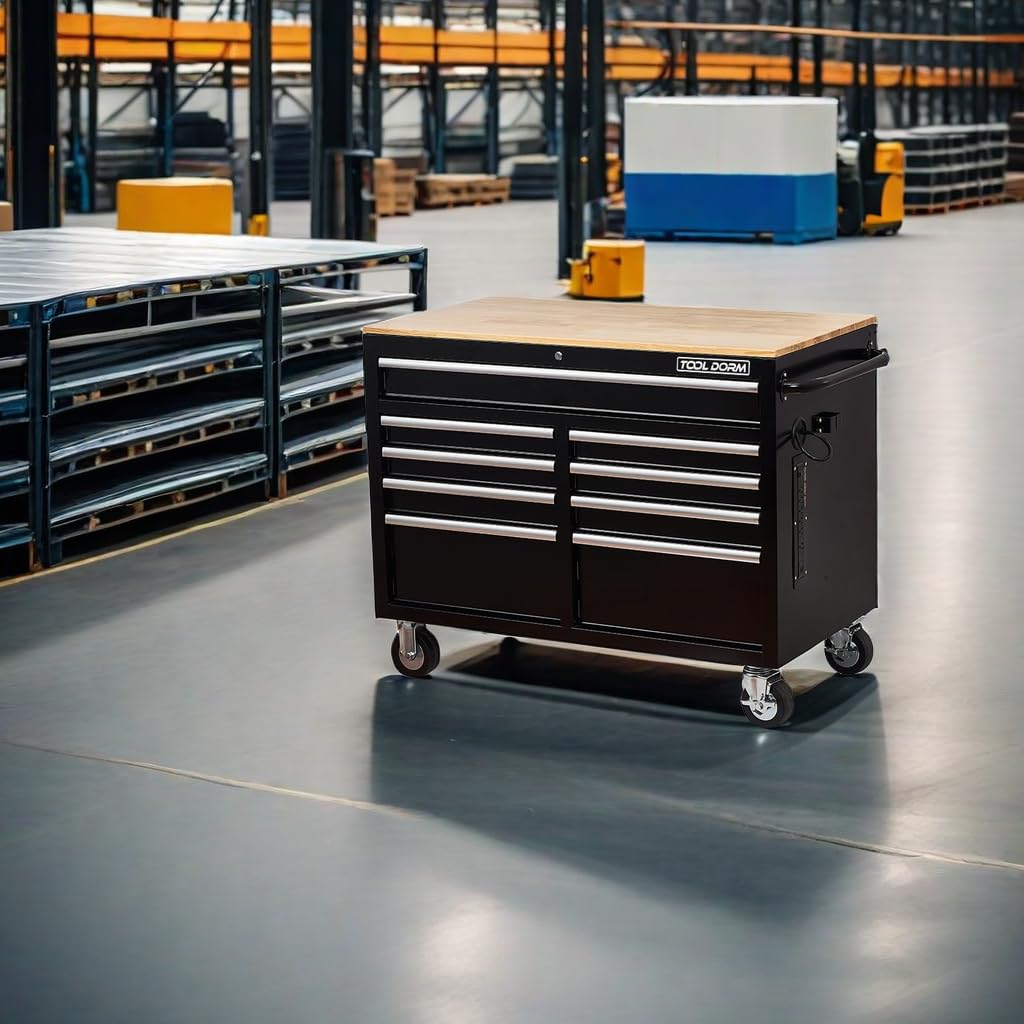 TOOL DORM Rolling Large Tool Chest Extra-Deep 46-Inch 9 Drawers, Big Tool Chest with Drawers, Workbench with Wooden Top & Integrated Power Strip, Rolling Toolbox with Drawers and Locking System TOOL DORM