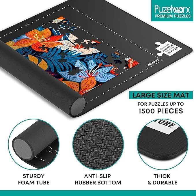 Point Games Rubber Puzzle Mat, Jigsaw Roll Up Mat for Puzzles - Jigsaw Mat 1500 Pieces Protector, Saver, Organizer, Non-Slip Rubber Bottom, Polyester Top w/Storage Bag + Bonus Puzzle Glue Point Games