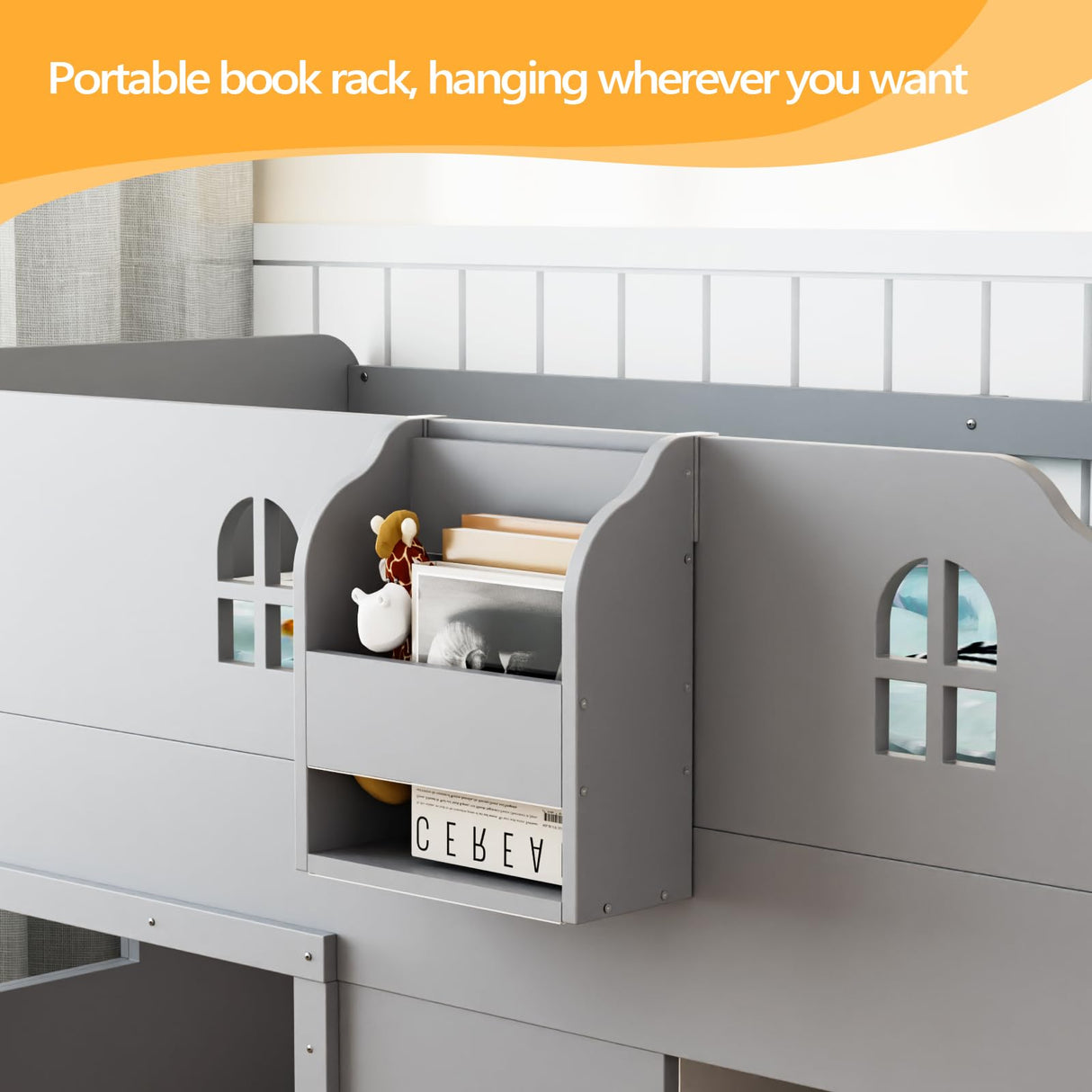 JOYMOR Loft Bed Twin Size with Led Light, Low Loft Bed with Storage Drawer, Modern Farmhouse Loft Bed with Castle Guardrail and Window, Book Rack, Smart APP Control, No Box Spring Needed (Gray) JOYMOR