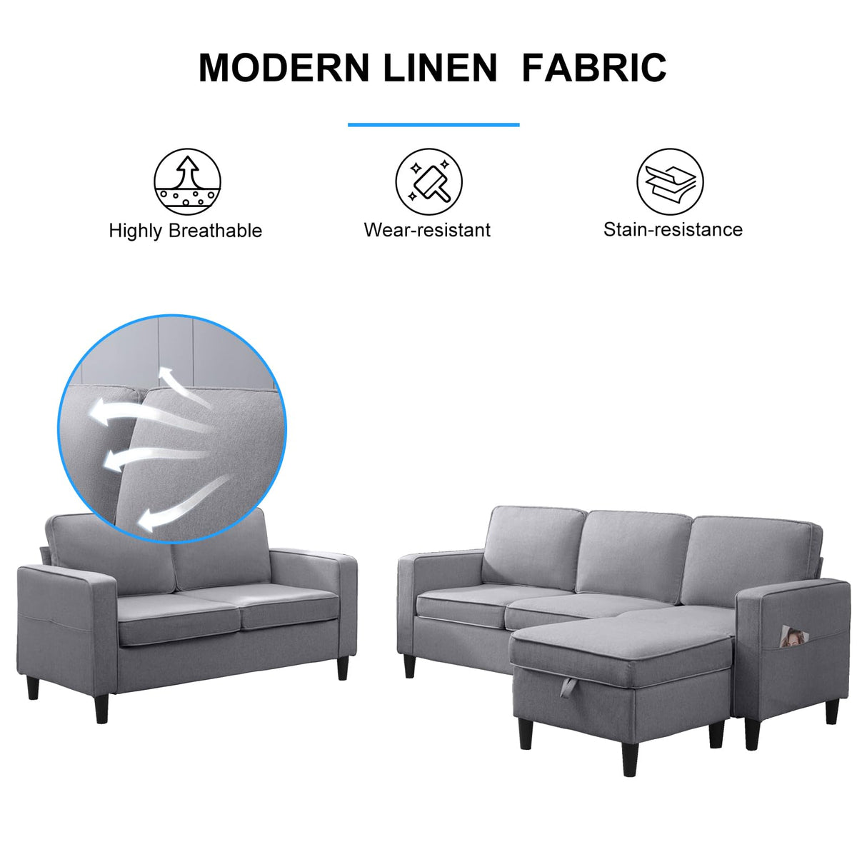PUREMIND 2Piece Sofa Set for Living Room, Modural Convertible Loveseat and Sofa Set, Modern Linen Fabric L Shaped and Loveseat Sofa Set of 2, Sectional Sofa Couches Set for Apartment PUREMIND