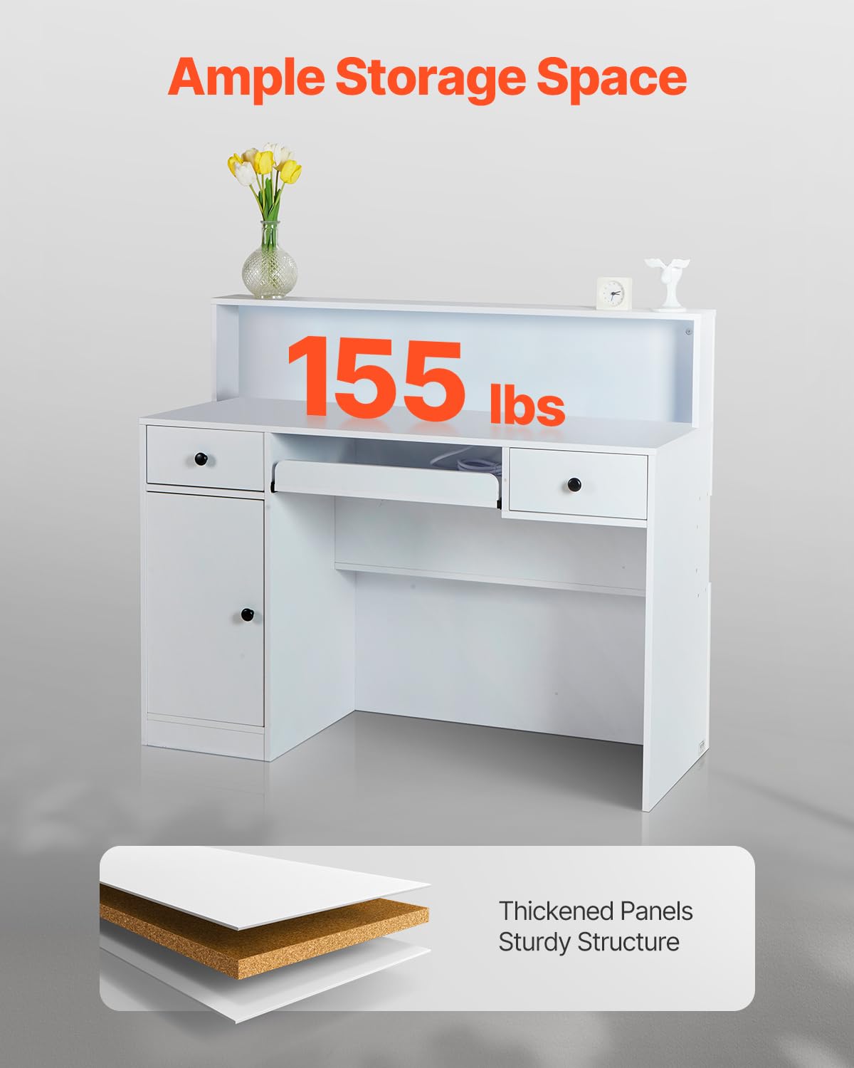 VEVOR Reception Desk, 47 Inch Rectangular Front Counter Table, Office Reception Desk with LED Light, 2 Drawers and Power Outlets, for Checkout, Lobby, Beauty Salon and Office, White VEVOR