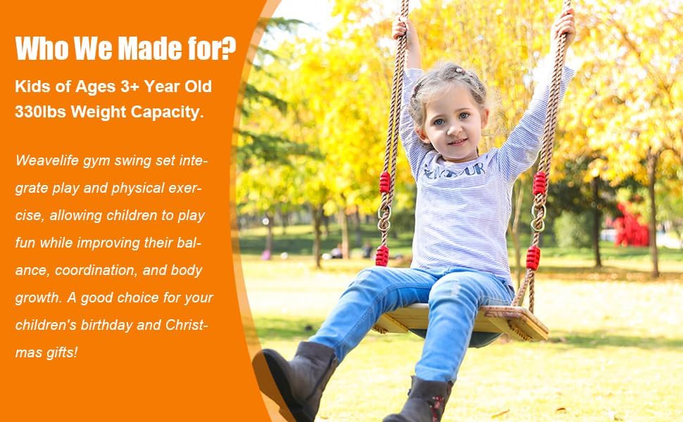 Weavelife 3 Pcs Gym Swing Set Includes Wooden Swing, Trapeze Bar with Rings & Climbing Rope Ladder for Kids, Indoor/Outdoor Play Equipment Combo Toy Gift with Hanging Hooks Weavelife
