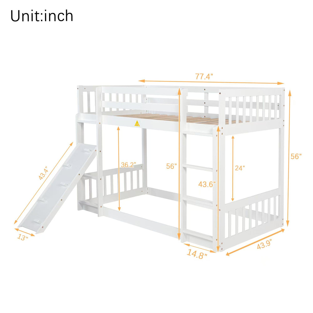 Twin Over Twin Floor Bunk Bed, Wooden Twin Loft Bed Frame with Climbing Ramp and Ladder, Heavy Duty Low Bunk Bed with Guardrail, Modern Twin Floor Bed for Teens and Adults, Space Saving, White Ziraukon