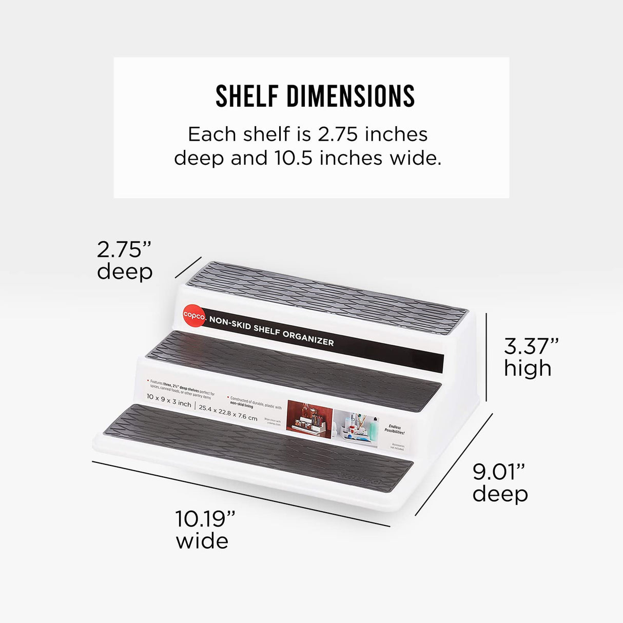 Copco Non-Skid 3-Tier Spice Pantry Kitchen Cabinet Organizer, 10-Inch, White/Gray Copco