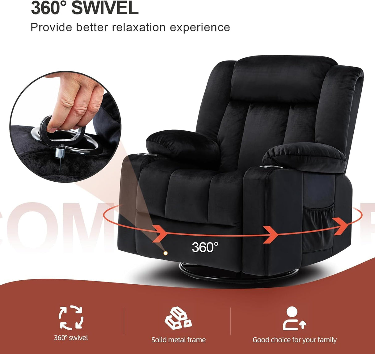 COMHOMA Recliner Chair,360° Swivel Rocker Glider Recliners with Cup Holders, Upholstered Fabric Rocking Chair for Adults,Manual Reclining Single Sofa for Living Room,Black COMHOMA