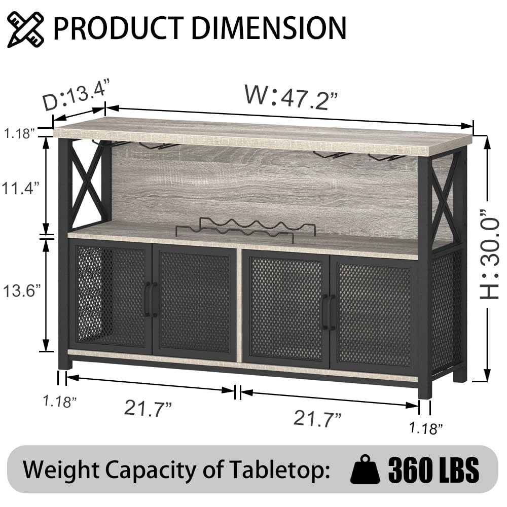 LVB Liquor Home/ Coffee Bar Cabinet, Industrial Farmhouse Modern Sideboard Buffet Cabinet for liquor and glasses with Wine Rack Storage for Kitchen Dining Living Room, Light Grey Oak 47 in LVB