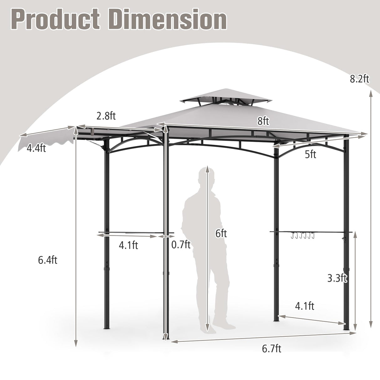 Tangkula 10.5x5 FT Grill Gazebo with Side Awning, 2-Tier Barbecue Gazebo with 2 Shelves, 12 Hanging Hooks, Bottle Opener, Outdoor Grill Canopy for Backyard Garden Poolside (Grey) Tangkula