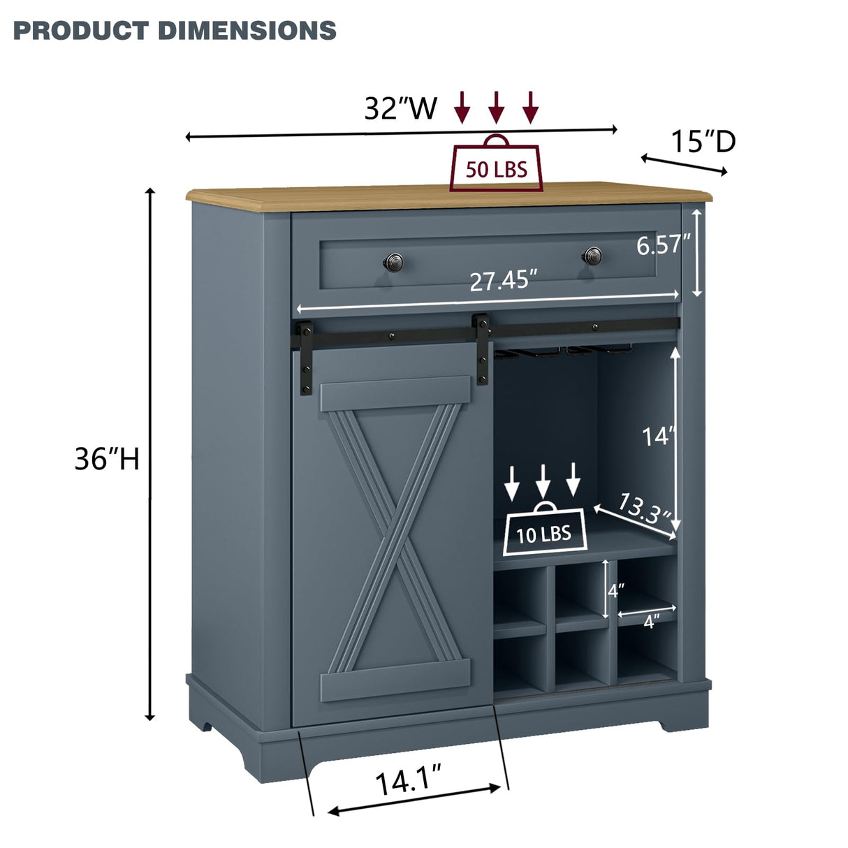 LIVILAND Farmhouse 32 Inch Wine Cabinet with Storage, Rustic Liquor Cabinet with Rack and Sliding Barn Door, Coffee Bar Table for Kitchen, Living Room, Dawn Blue LIVILAND