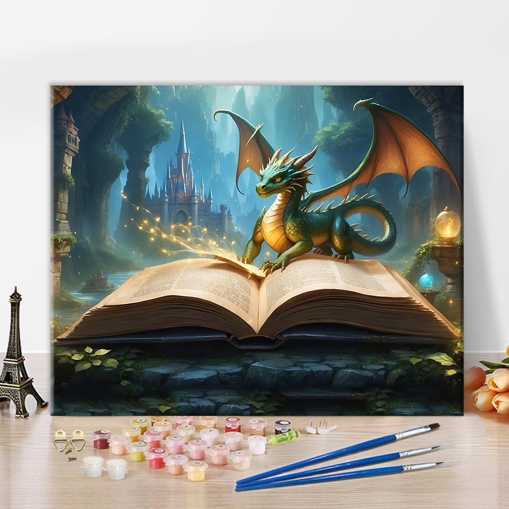 Rebotipy Paint by Numbers for Adults Beginner,Mysterious Open Book and Dragon Oil Painting Style Cute Dragon Canvas Paintting by Numbers Kits for Home Decor 16 * 20 inch Rebotipy