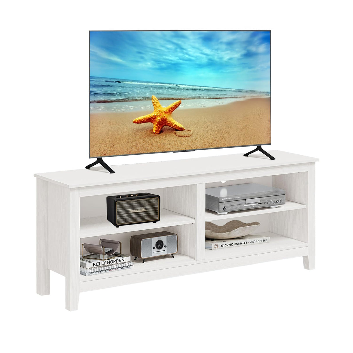 Gyger TV Stand for 65 inch TV with Storage,Modern TV Entertainment Center for Bedroom,TV Media Console Table with 4 Open Storage Shelve,55 inch Wood TV Cabinet White Gyger