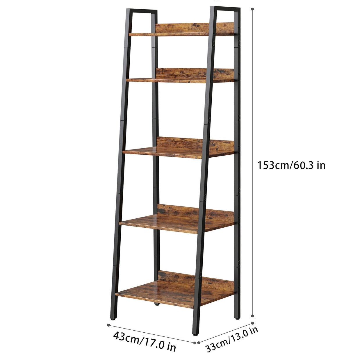 Bookshelf, Ladder Shelf with Steel Frame, 5-Tier Industrial Bookcase, Narrow Tiered Shelf for Small Space, Corner Shelf for Living Room, Home Office, Kitchen, Bedroom, Bathroom(Rustic Brown & Black) Homedawn