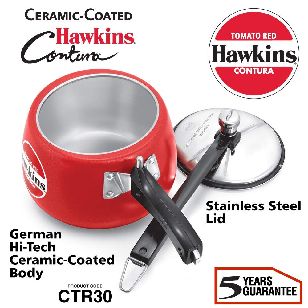 Hawkins 3 Litre Contura Pressure Cooker, Ceramic Coated Handi Inner Lid Cooker, Tomato Red (CTR30) HAWKINS