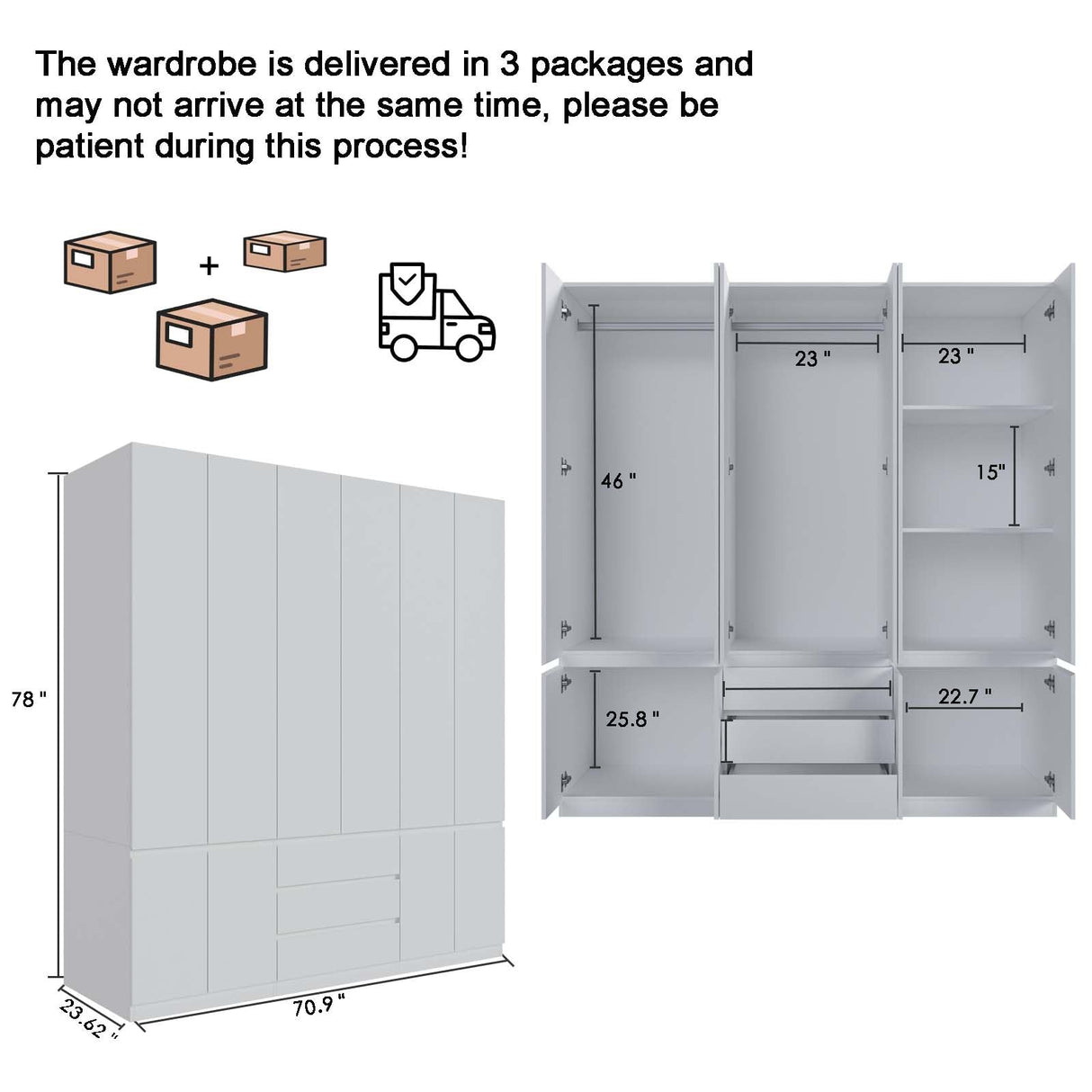 Jiaoun 78” 6-Door Large Armoire Wardrobe Closet, Bedroom Armoire with 3 Drawers & 2 Hanging Rod, Wooden Armoires and Wardrobe,White (70.9”W x 23.63”D x78”H) Jiaoun
