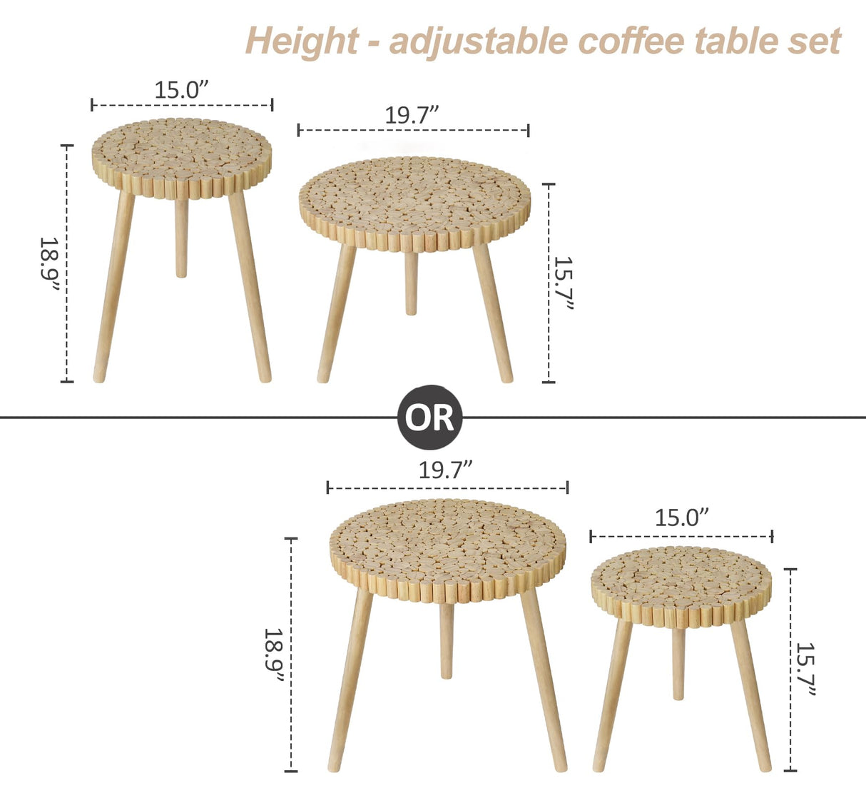 Round Coffee Table Set of 2, Farmhouse Nesting Coffee Table, Small Circle Wood Coffee Table, Mid Century Modern Nightstand, Boho Patio Side Table End Tables for Living Room Bedroom Balcony Outdoor ZYBT