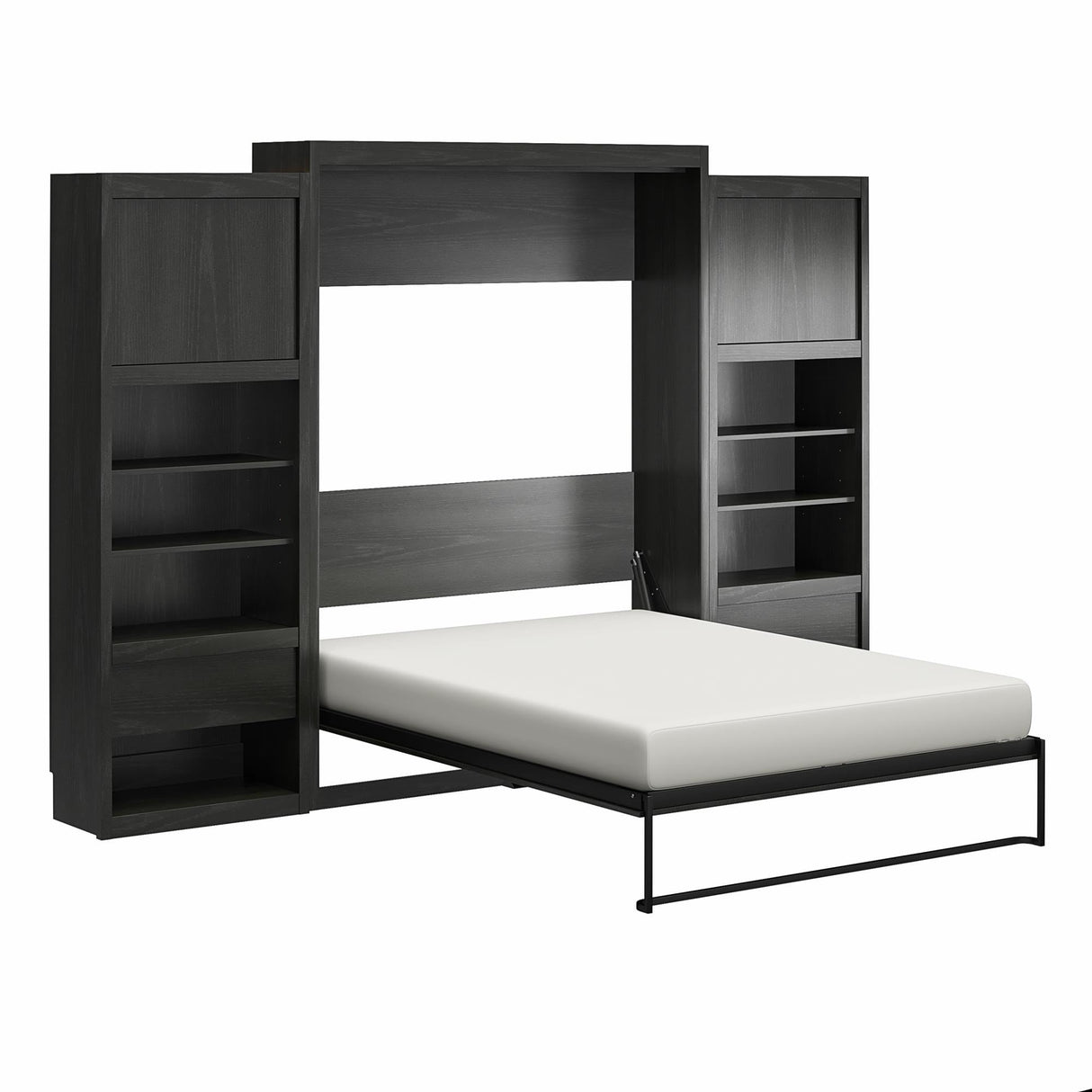 REALROOMS Halstead Queen Size Murphy Bed with 2 Nightstand Cabinets, Space-Saving Fold-Out Wall Bed with Open Shelving and Concealed Storage for Bedroom or Guest Room, Black Oak REALROOMS