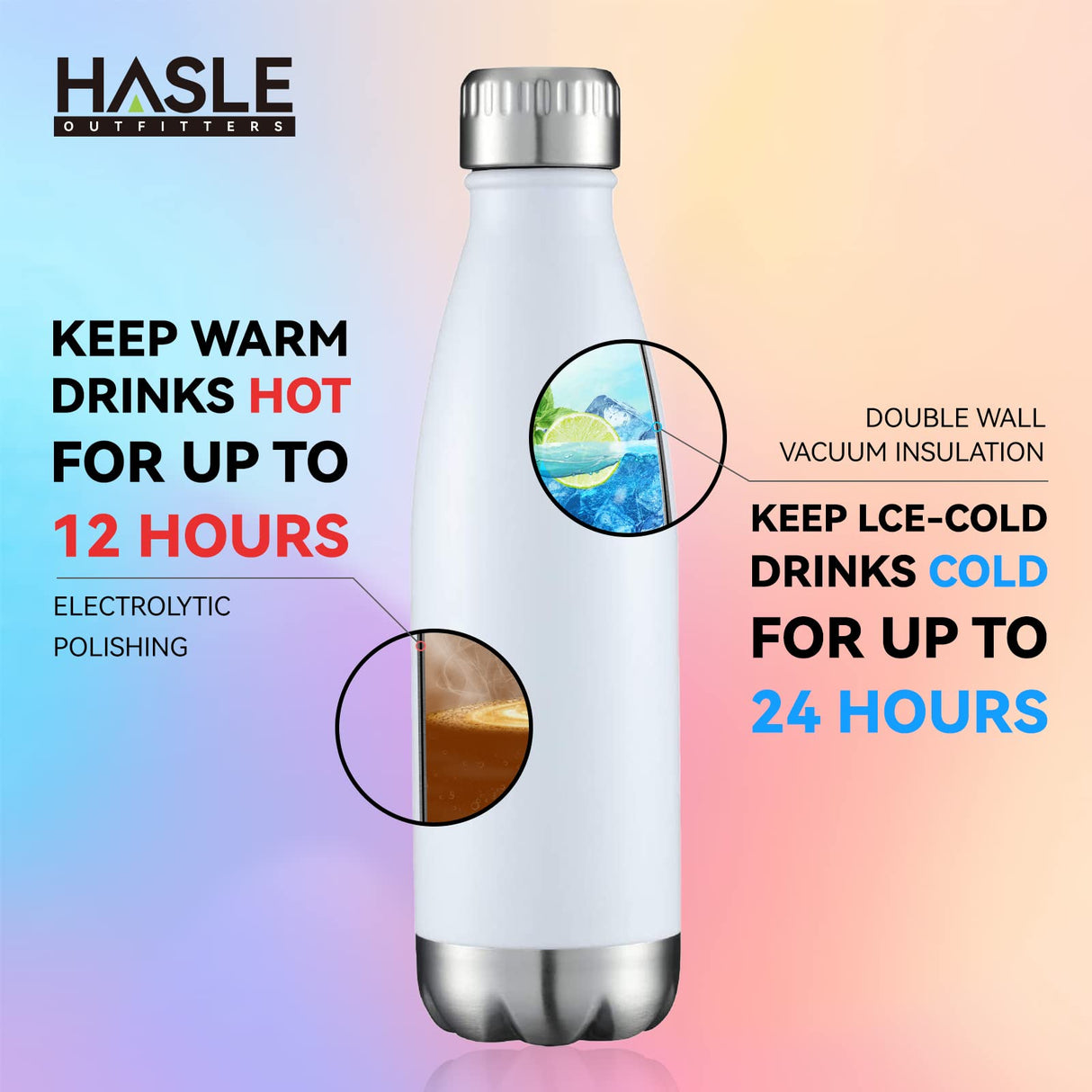 HASLE OUTFITTERS 17oz Stainless Steel Water Bottles Bulk, Vacuum Insulated Water Bottles Double Walled Powder Coated Reusable Metal Sports Water Bottles Keep Drinks Hot and Cold, White, 8Packs HASLE OUTFITTERS