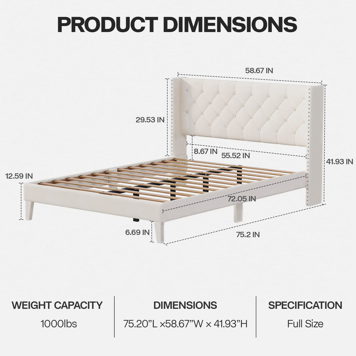 DOGIBIXO Full Size Bed Frame with Wingback Headboard, Upholstered Platform Bed Frame with Diamond Tufted Headboard & Lights, Wood Slat, Easy Assembly, Noise-Free, No Box Spring Needed, Beige DOGIBIXO