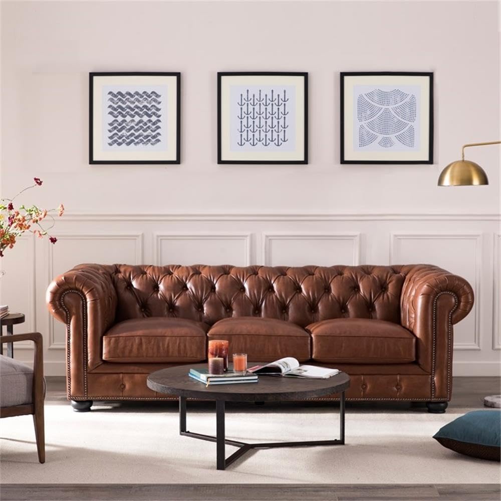 BOWERY HILL 95" W Traditional Leather Tufted Back Chesterfield Sofa with Removable Seat Cushions, Leg Assembly Required, for Living Room, in Chestnut Finish BOWERY HILL
