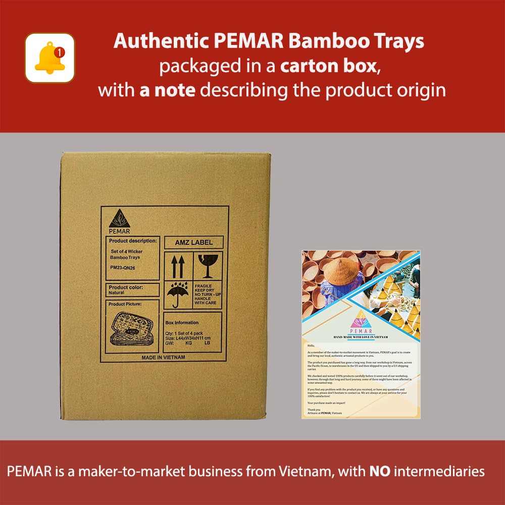 PEMAR Set of 6 Bamboo Wicker Serving Trays for Foods and Drinks, Rectangular Lap Trays for Breakfast. Decorative Bamboo Wood Basket Platters for Coffee Table, Picnic, Bed Eating PEMAR