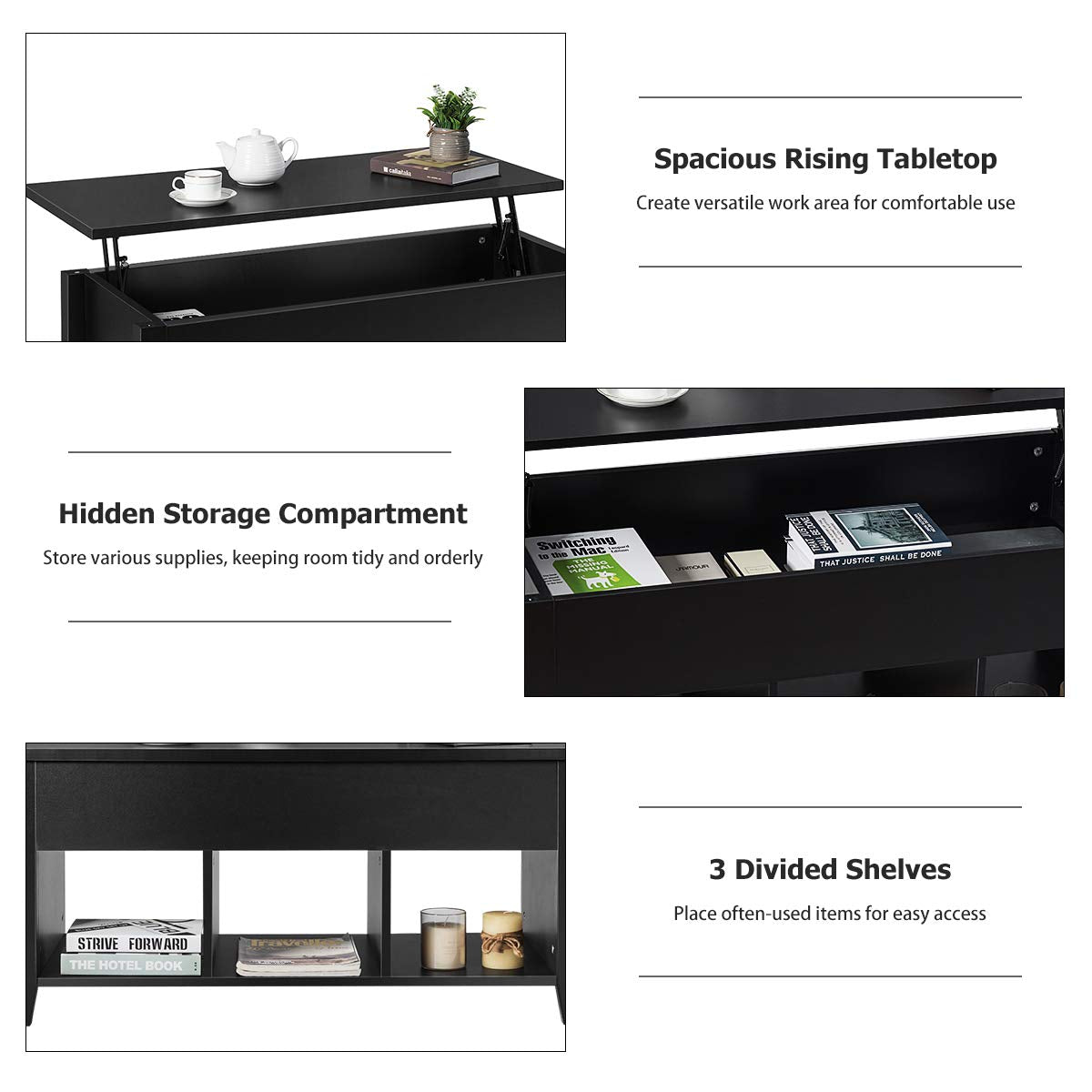 Tangkula Lift Top Coffee Table, Wood Home Living Room Modern Lift Top Storage Coffee Table w/Hidden Compartment Lift Tabletop Furniture (Black) Tangkula
