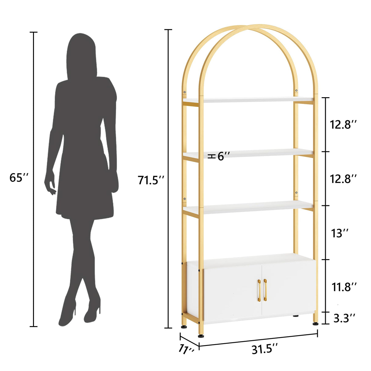 Garvee Gold Bookshelf, Arched Bookcase with Studry Metal Frame and Quality Board, Modern Book Shelf with 4-Tier Open Shelves for Living Room, Bookshelf with Doors Storage,71.5" Tall Book Shelf Garvee