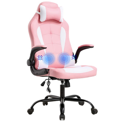 Gaming Chair Office Chair Desk Chair Racing Executive PU Leather Ergonomic Massage Computer Chair with Lumbar Support Headrest Armrest Task Rolling Swivel Chair for Girls, Pink