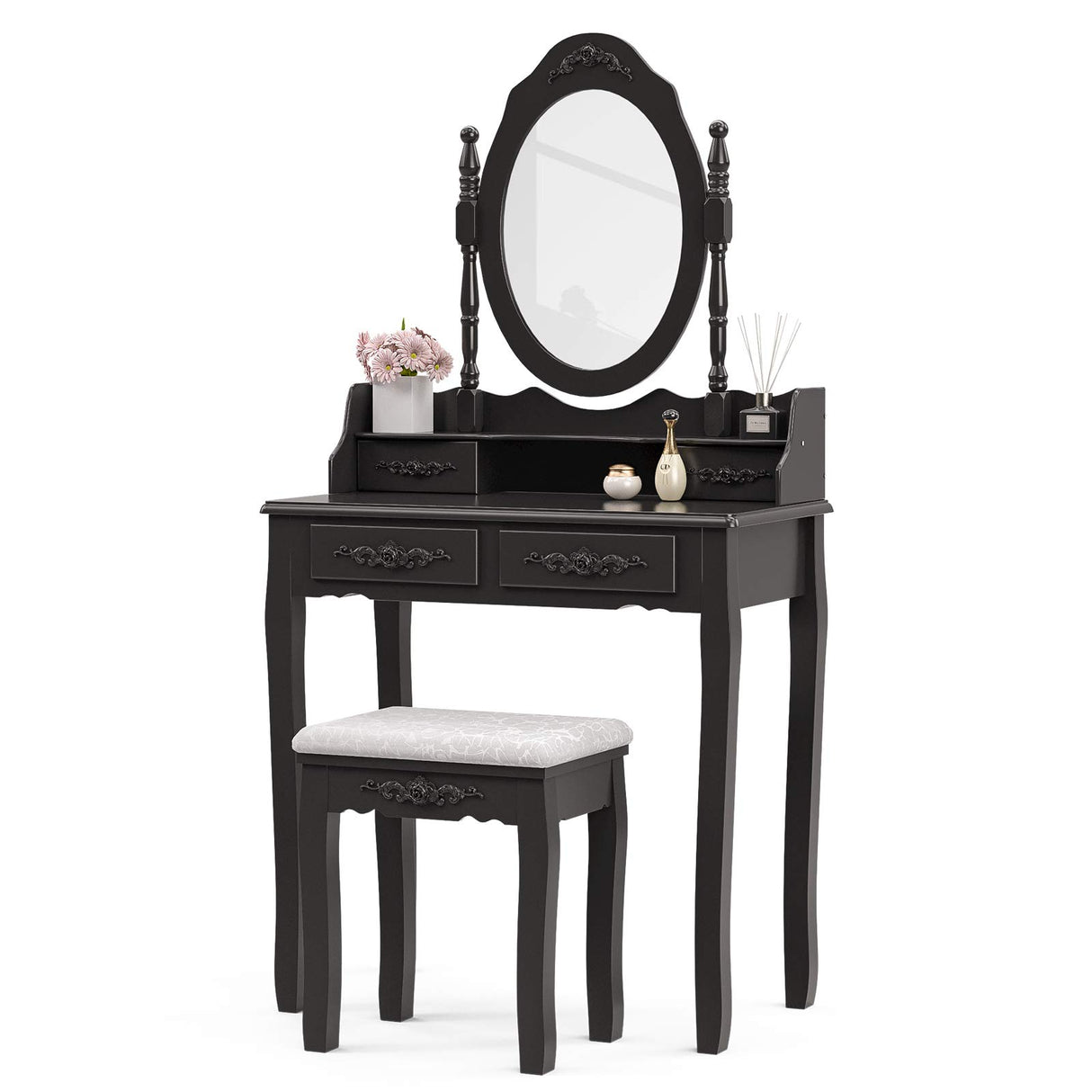 Alohappy Girls Vanity Desk, Makeup Vanity Set with Mirror & Stool, Makeup Table Black Vanity Desk with 4 Drawers Vintage Rose Carving Dressing Desk Alohappy