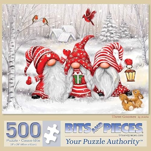 Bits and Pieces – Large 500 Piece Jigsaw Puzzle for Adults – Three Gnomes' Christmas Winter Jigsaw Puzzle by Artist Makiko, Completed Puzzle Size: 18" x 24" Bits and Pieces