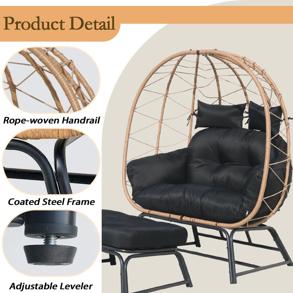 Frxeyaliz Outdoor Double Egg Chair w/Ottoman PE Rattan Wicker Papasan Chair w/Cushion for Patio Bedroom Living Room Balcony Backyard Frxeyaliz