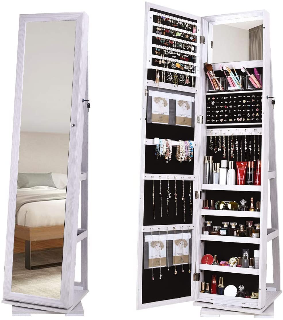 sogesfurniture Lockable Floor Standing Wooden Jewelry Armoire with Full Length Mirror 360°Rotatable Jewelry Organizer Cabinet Lockable with Storage sogesfurniture
