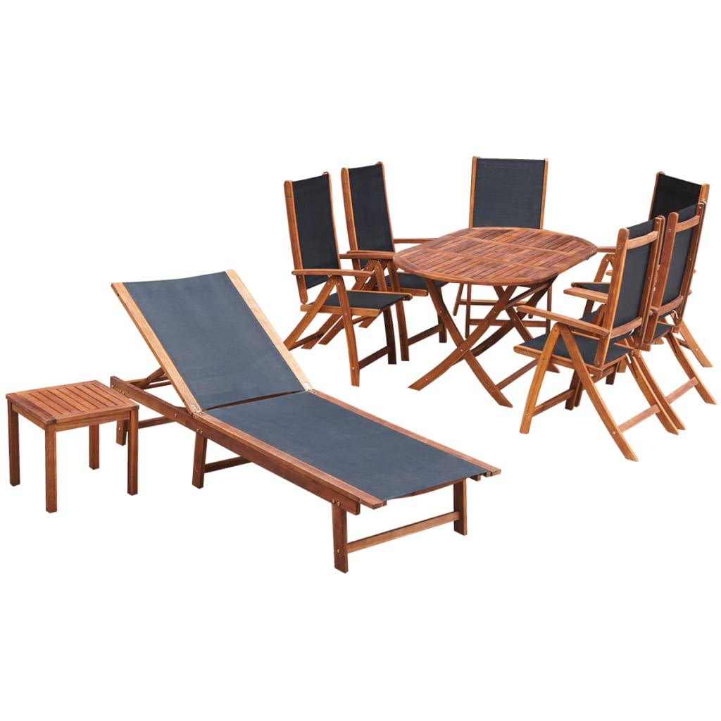 9 Piece Outdoor Dining Set with Cushions Solid Acacia Wood,6 Person Wood Patio Furniture Set,Wooden Table with Umbrella Hole can be Folded,with Folding chair with 5 positions,with 1 Sun lounger ZQQLVOO