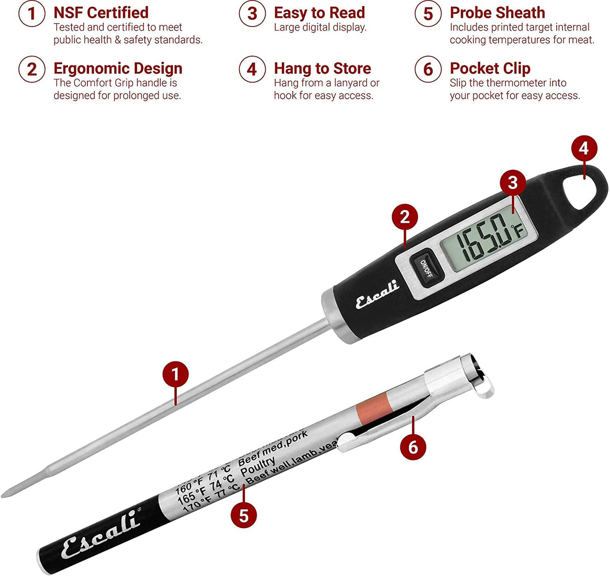 Escali DH1 Gourmet Digital Meat Thermometer with Extra Long Probe, NSF Certified, Black Escali