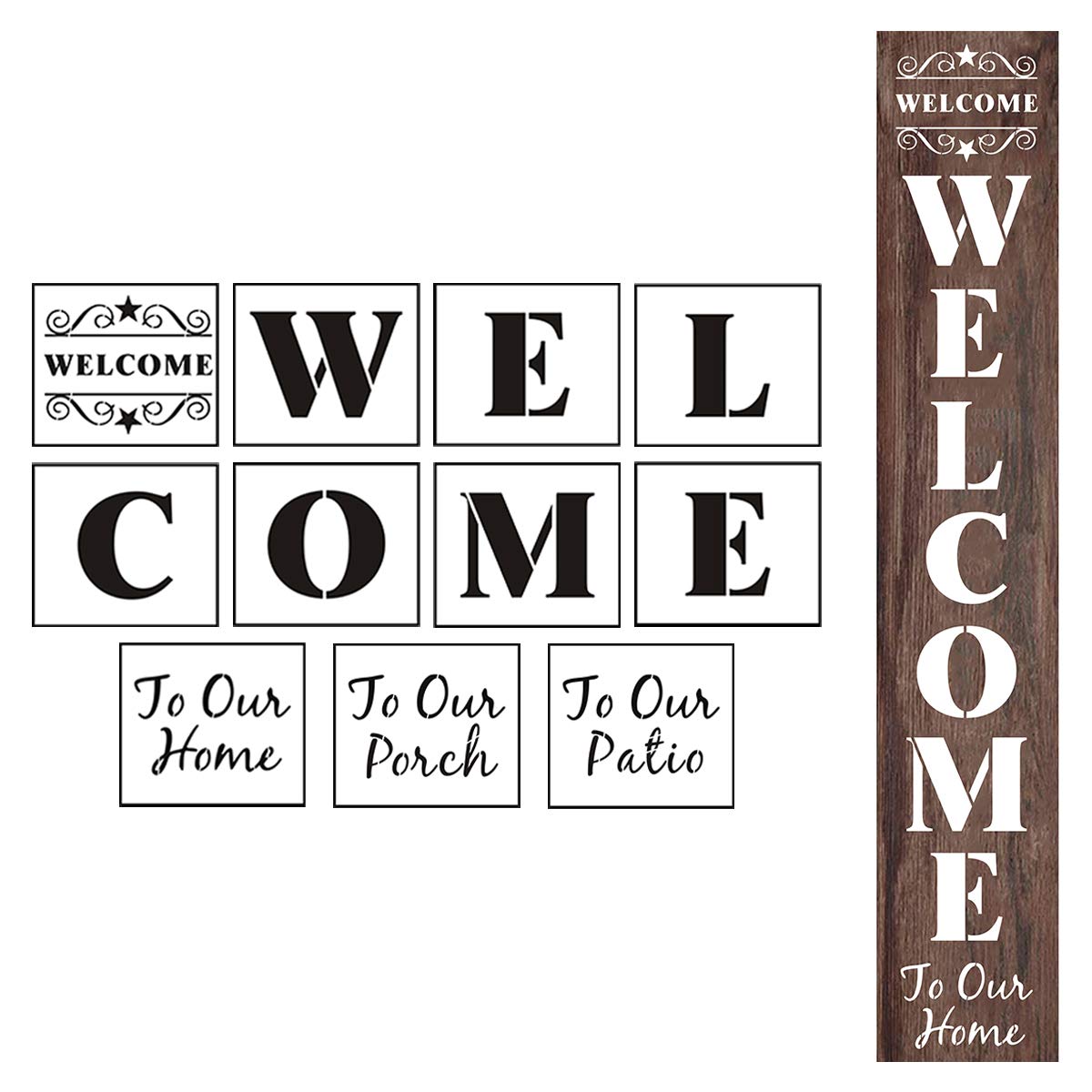 Welcome Stencils for Painting on Wood - 11 Pack Large Vertical Welcome Sign Stencil Templates for Wood Signs, Reusable Letter Stencils for Home, Patio, Porch Signs & Front Door Decorations REOLAN