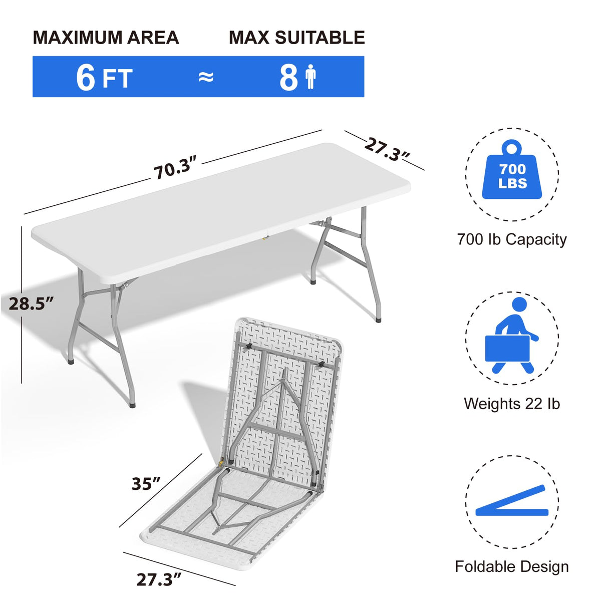 IWDOO Foldable Table 6ft, Plastic Folding Table, Portable Heavy Duty Dining Table with Lock Function & Carrying Handle, Outdoor Indoor Foldable White Table for Camping Party Picnic IWDOO