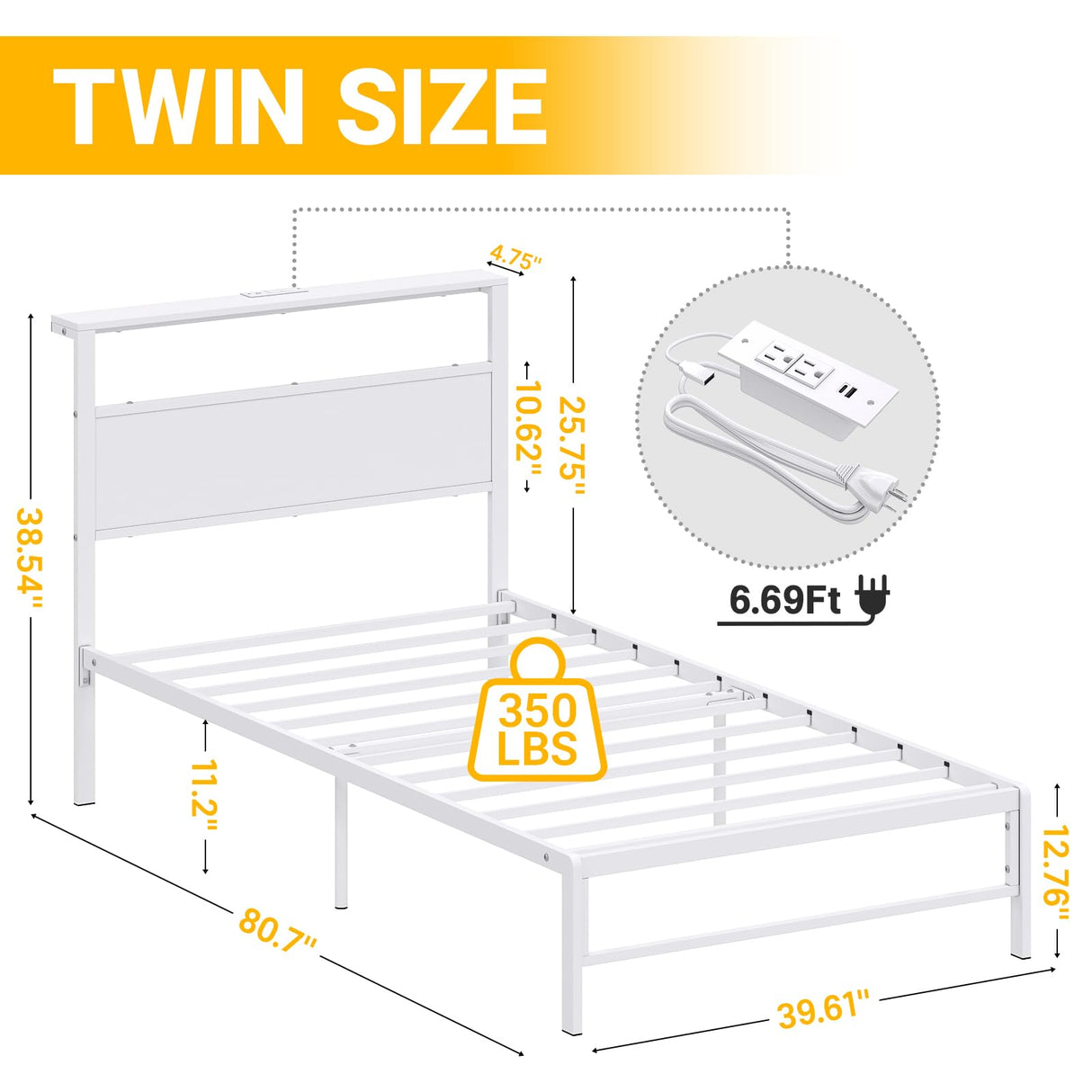 Weehom Twin Bed Frames with Headboard Shelf Storage, Wood Twin Bed Frame with Charging Station and LED Lights, No Box Spring Needed Twin Size Metal Bed Frame for Kids Students, White Weehom