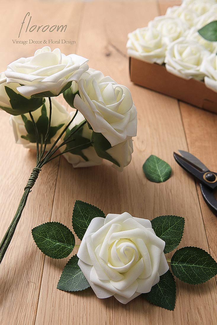 Floroom Artificial Flowers 25pcs Real Looking Ivory Foam Fake Roses with Stems for DIY Wedding Bouquets White Bridal Shower Centerpieces Arrangements Party Tables Decorations Floroom