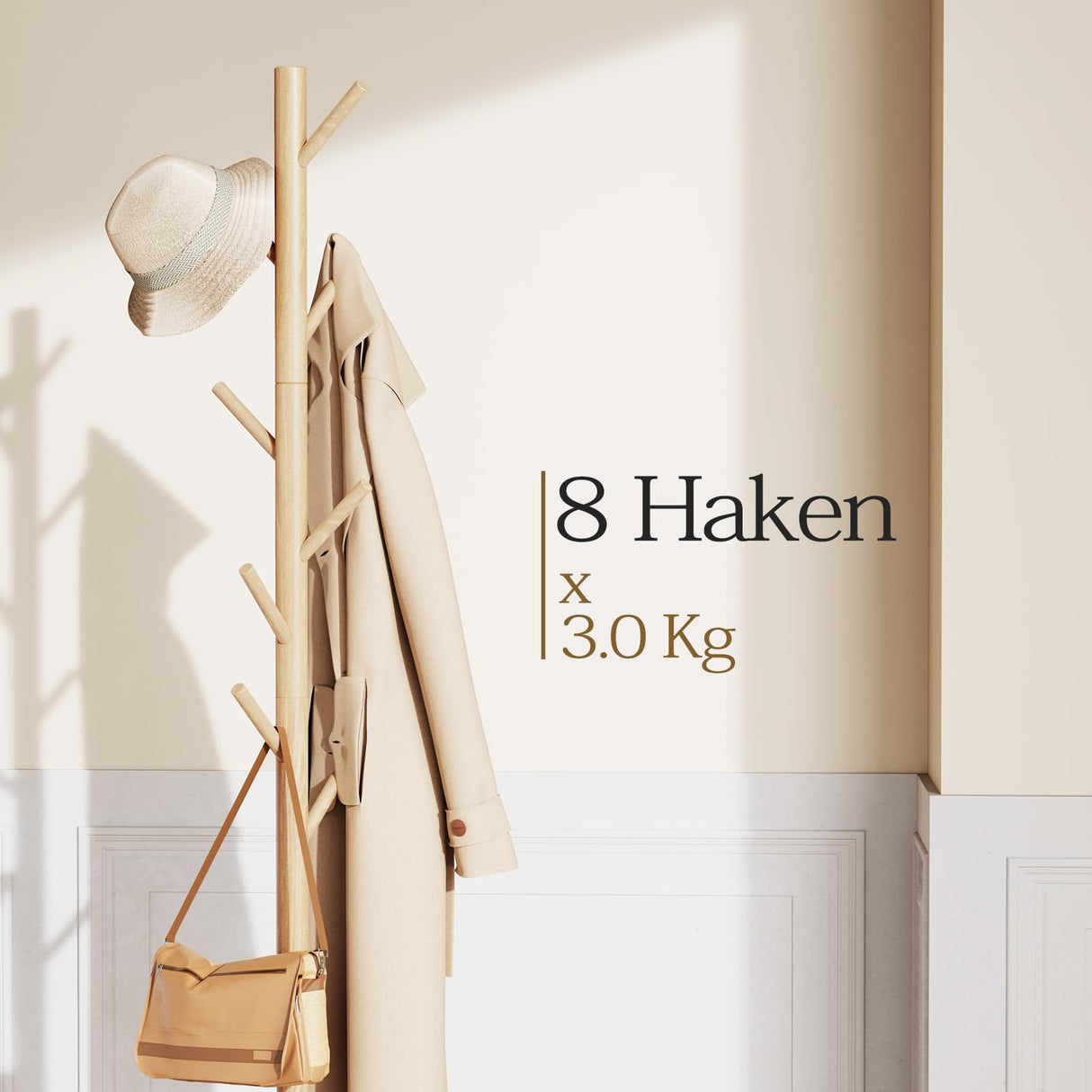 Pipishell Coat Rack Sturdy Wooden Coat Rack Stand, Adjustable Coat Tree, Free Standing Tree Hanger with 4 Sections & 8 Hooks, for Home/Bedroom/Office/Hallway/Entryway Pipishell