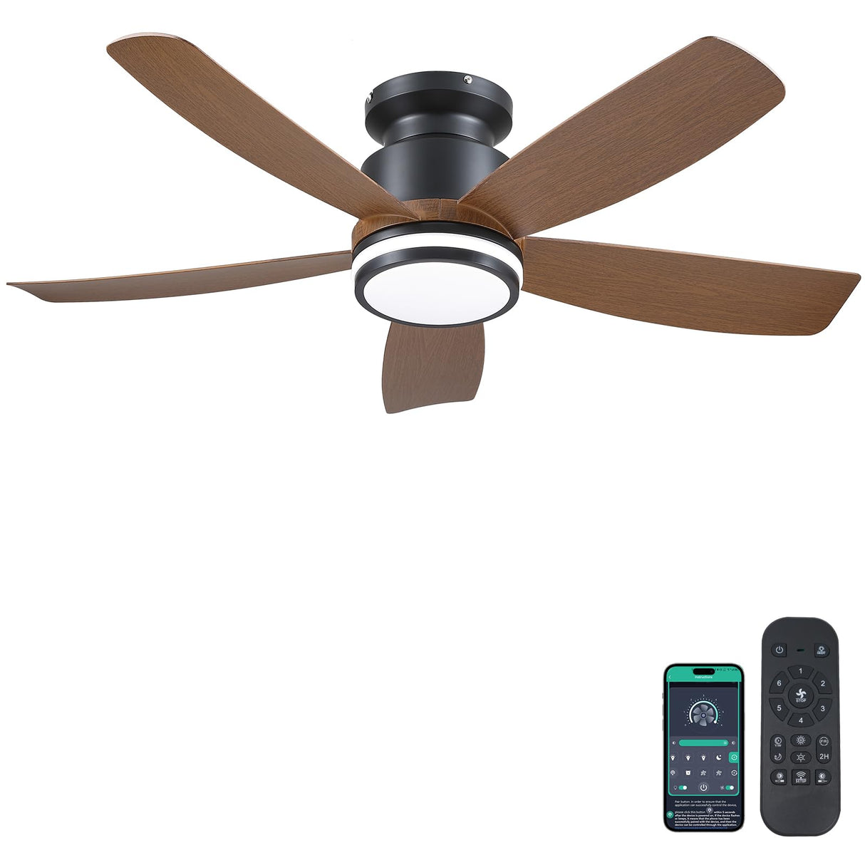 Ceiling Fans with Lights and Remote/APP Control, 41 inch Low Profile Flush Mount Ceiling Fan with Lights, LED Dimmable 5 Reversible Curved Blades 3 CCT 6 Speeds for Bedroom Living Room, Wood Wiviniya
