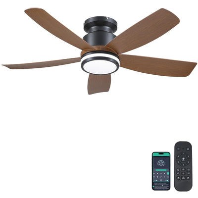 Ceiling Fans with Lights and Remote/APP Control, 41 inch Low Profile Flush Mount Ceiling Fan with Lights, LED Dimmable 5 Reversible Curved Blades 3 CCT 6 Speeds for Bedroom Living Room, Wood
