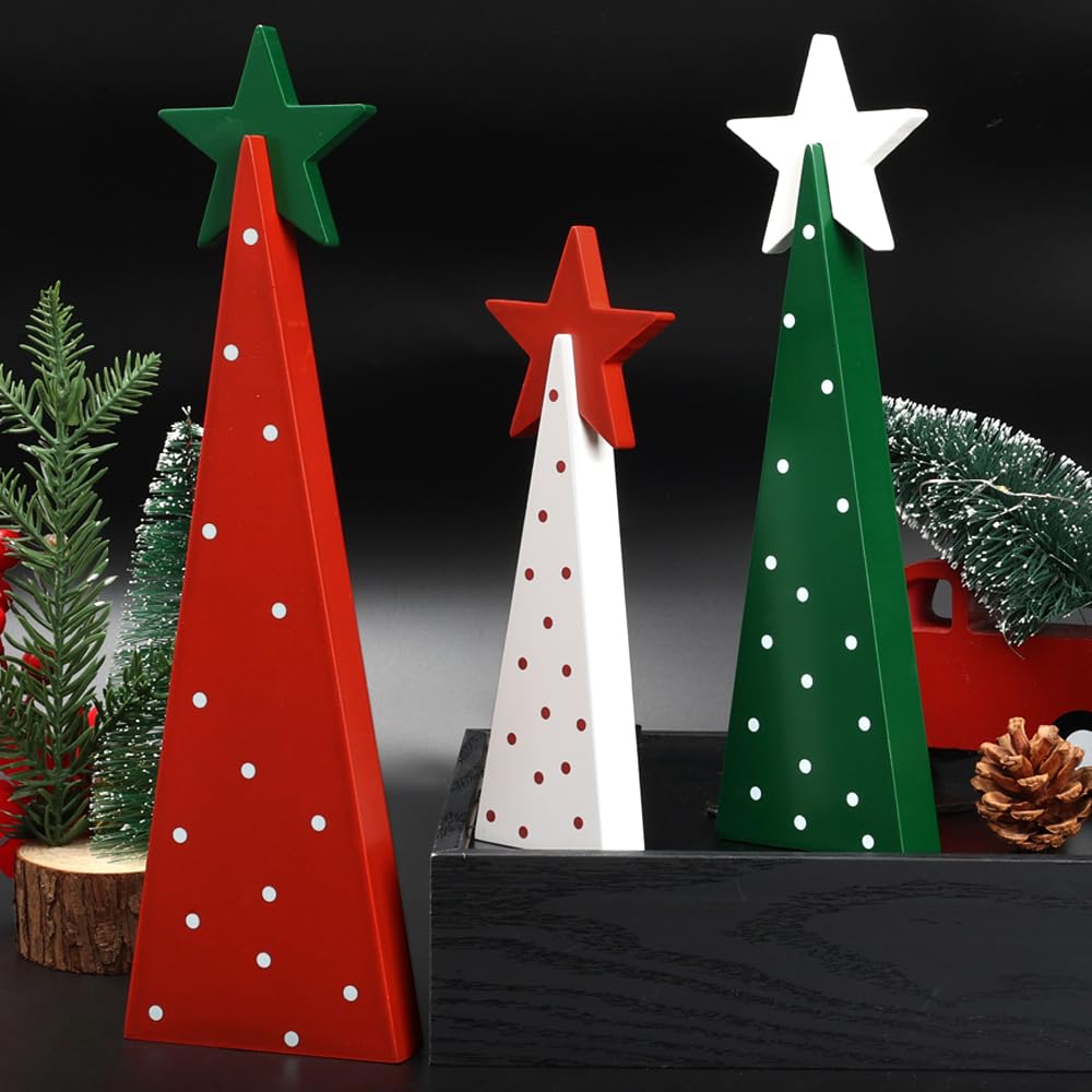 Christmas Decorations Indoor, Christmas Decor - 3 PCS Wooden Xmas Tree Signs with Stars for Home, Table, Fireplace Mantel, Shelf, Office Desk, Party Decor - Xmas Holiday Decorations AKEROCK