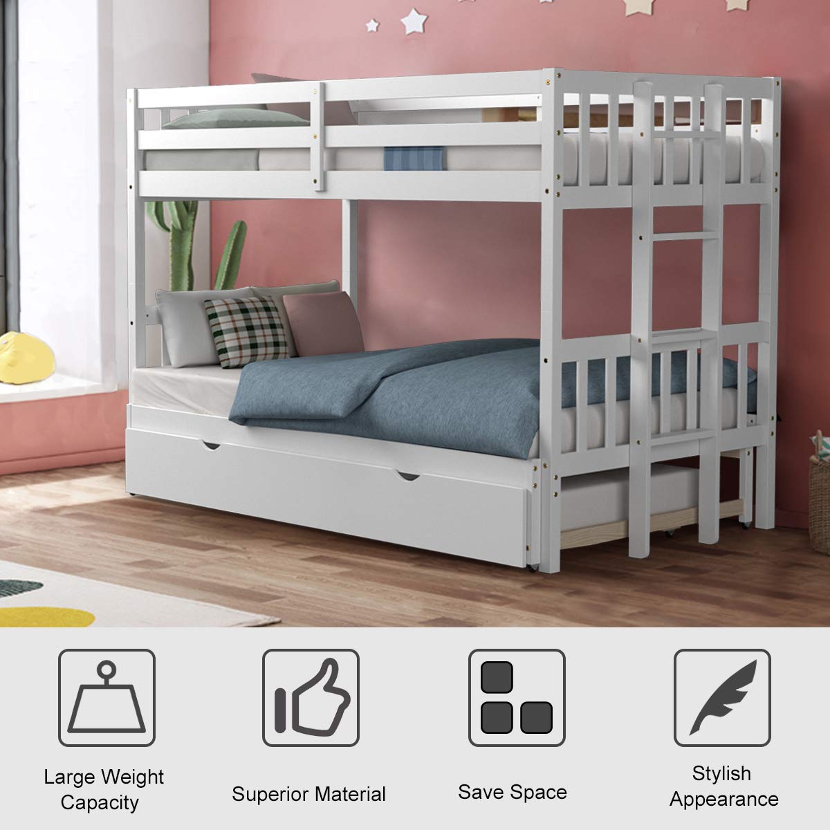 Giantex Versatile Twin Over Pull-Out Bunk Bed with Trundle - Solid Wood in White Giantex