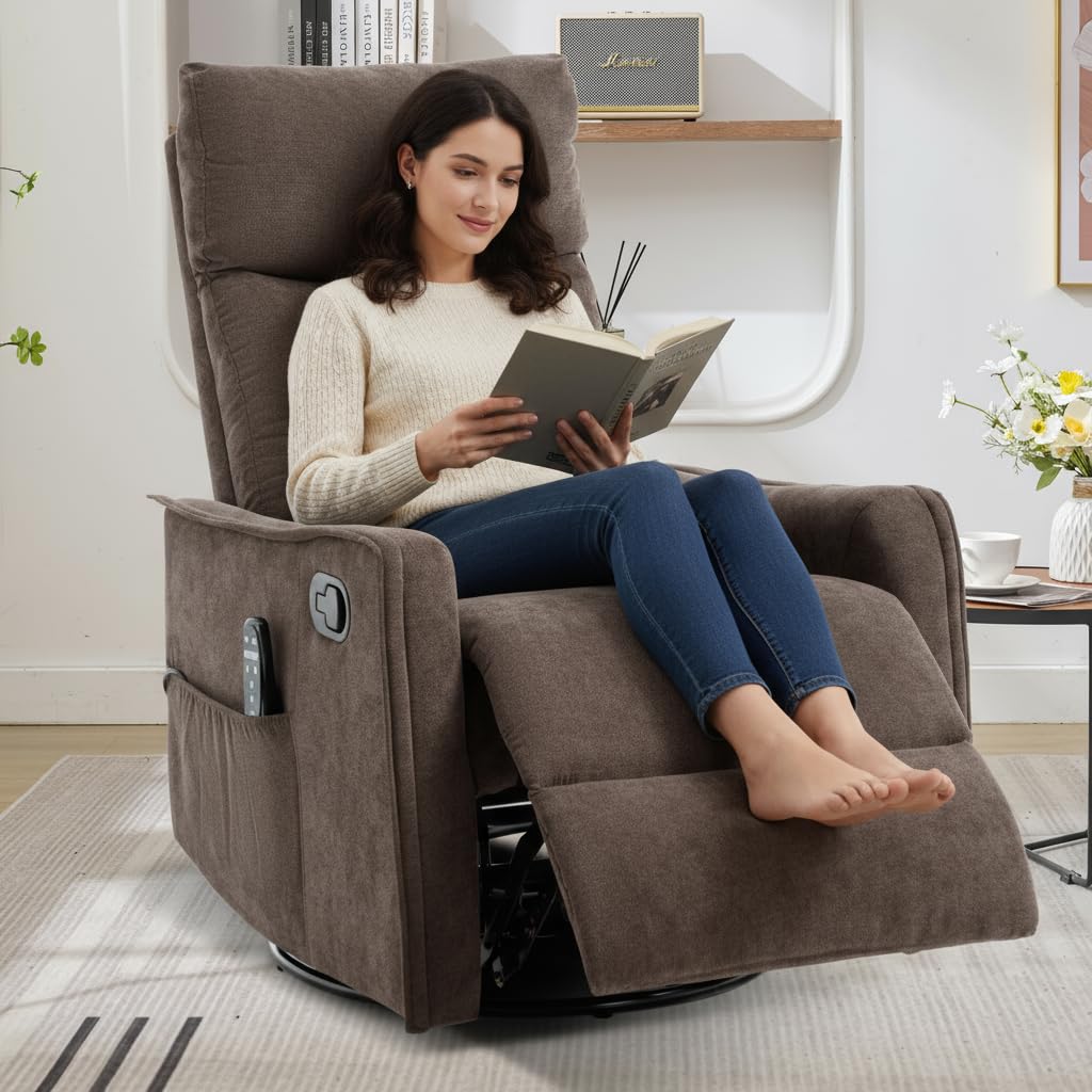Trustyue Swivel Rocker Recliner Chair, 360° Swivel Recliner with Heat and Massage, Rocker Recliner Easy to Clean Nursery Glider Recliner Chair with Side Pockets for Living Room Brown Trustyue