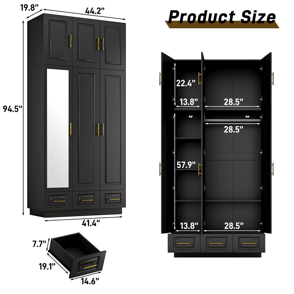 Hlivelood Large Armoire Wardrobe Closet Cabinet with Drawers and LED Lights, Multi-Tier Shelves, Hanging Rod, Large Capacity Storage 3 Door Wardrobe Armoire with Top Cabinet for Bedroom, Black Hlivelood
