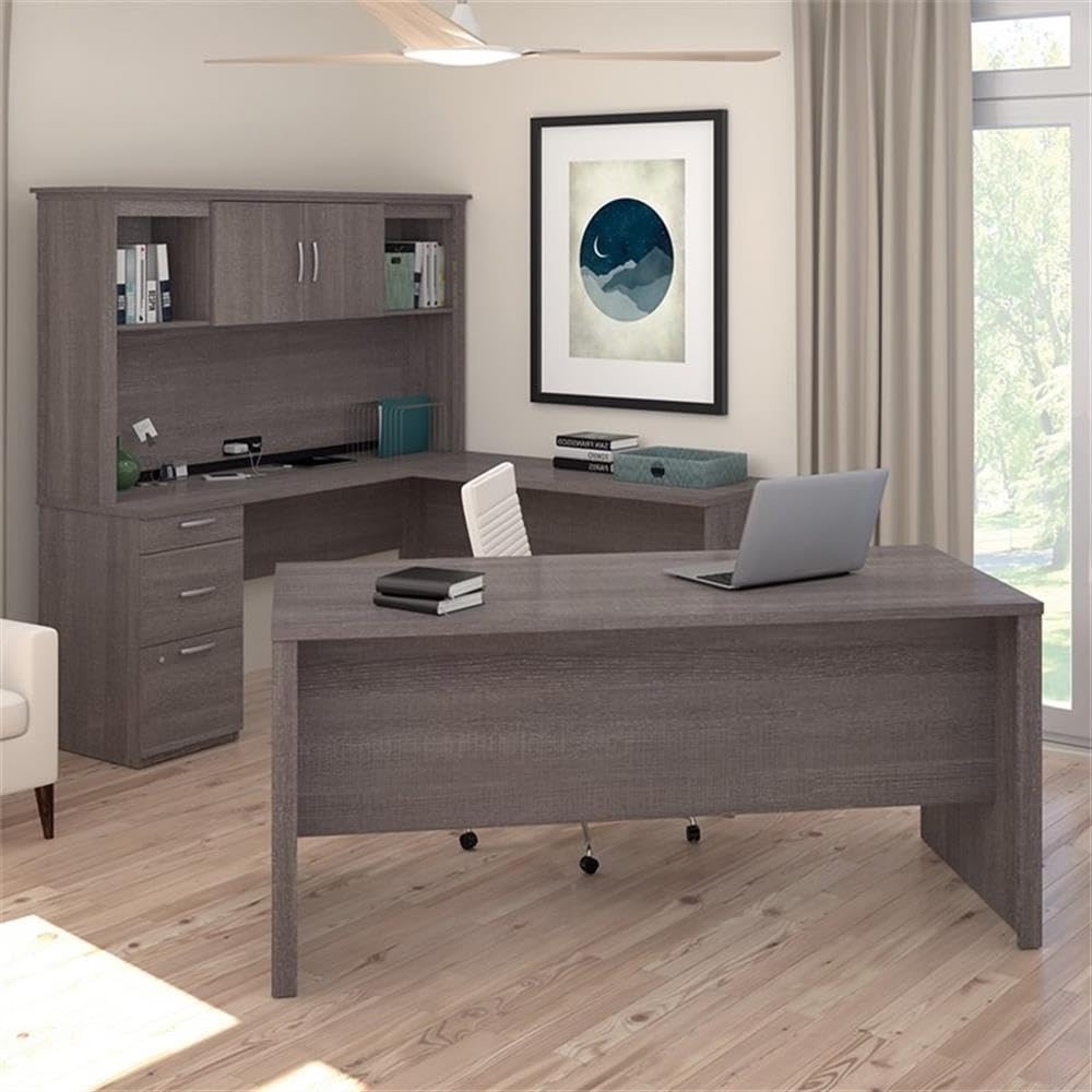Atlin Designs Modern Wood U Shape Computer Desk with Hutch in Bark Gray Atlin Designs
