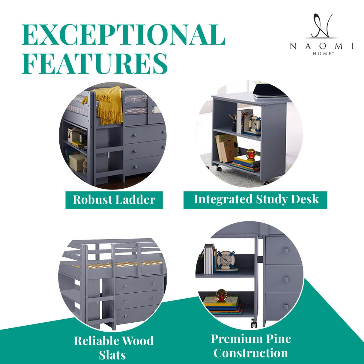 Naomi Home Low Loft Bed Twin Loft Bed with Desk and Storage Kids Beds for Boy Solid Pine Wood Toddler Loft Bed with Storage, Ladder Storage Guard Rails, No Box Spring Needed, Loft Bed Gray Naomi Home