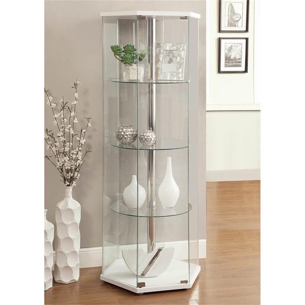 BOWERY HILL Hexagonal Round Corner 4 Shelf Glass Curio Cabinet Display Case in White and Chrome BOWERY HILL