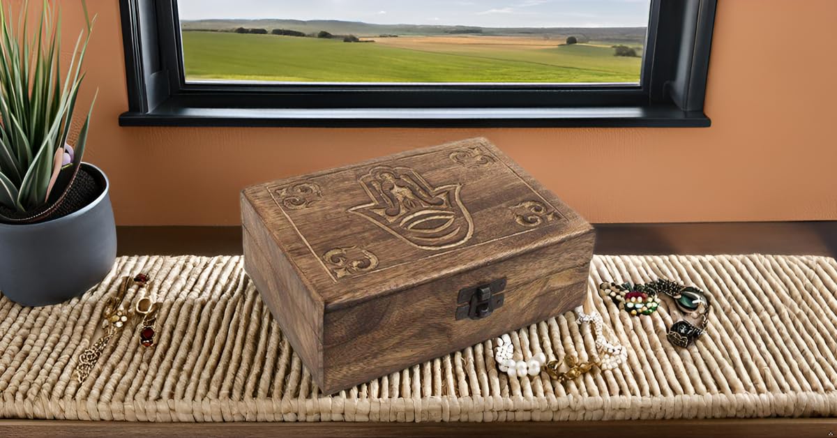 Great Birthday Gifts Handmade Decorative Wooden Jewelry Box Hamsa Hand Carving Jewelry Organizer Keepsake Box Treasure Chest Trinket Holder Watch Box Storage Lock Box 7 x 5 Inches Housewarming Gift The Great Indian Bazaar
