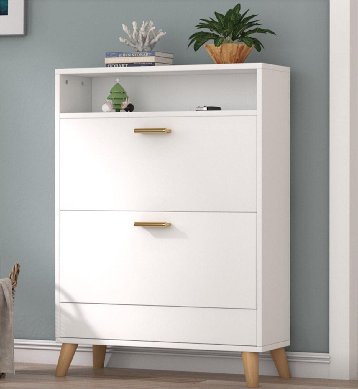 Gyfimoie Shoe Storage Cabinets, Free Standing Shoe Organizer with 2 Flip Drawers for Entryway, Narrow 3 Tier Entryway Hidden Shoe Rack with Doors (Off White) Gyfimoie