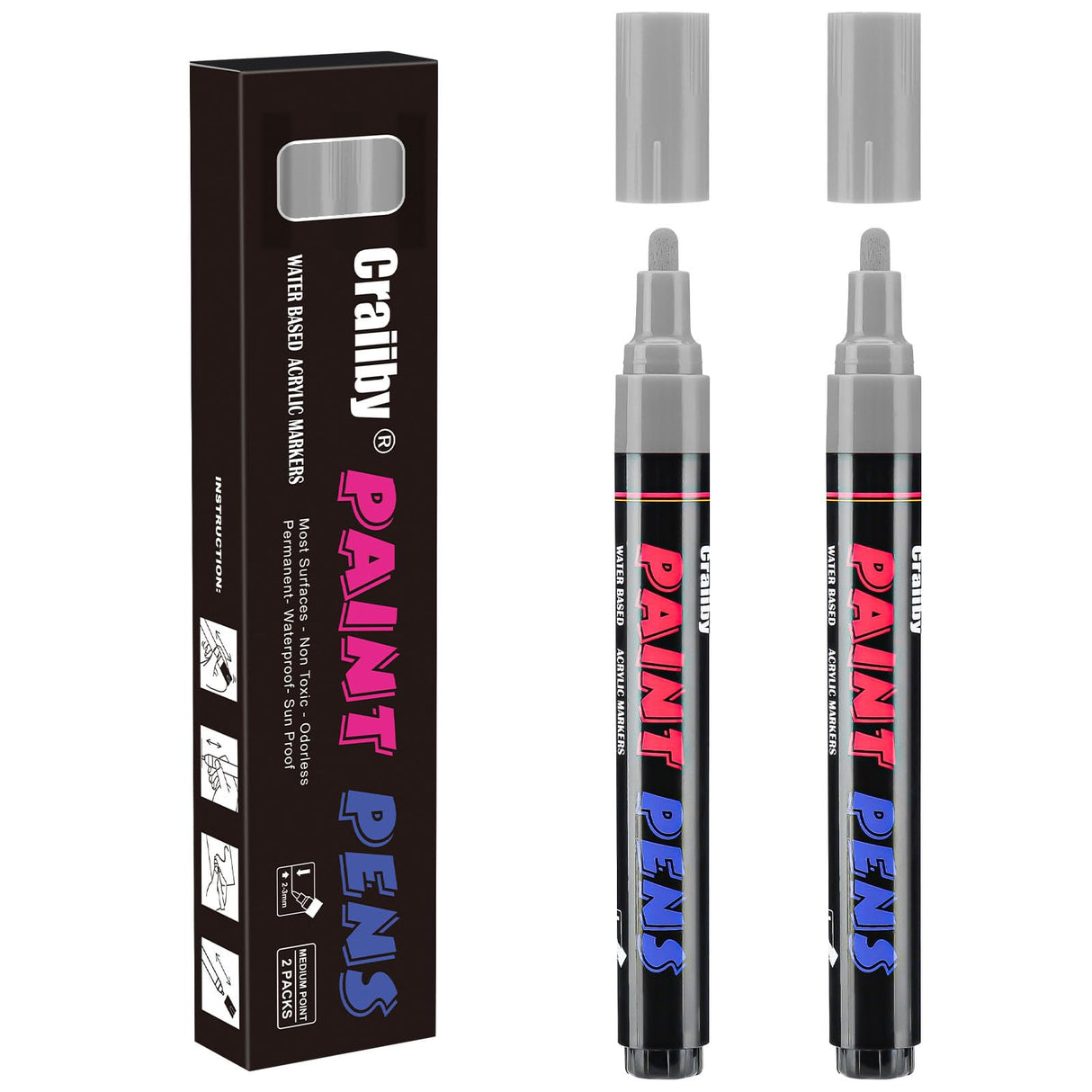 Craiiby Silver Paint Pens Paint Markers - 2 Pack Permanent Acrylic Quick Dry Waterproof Marker Pens for Rocks Wood Fabric Plastic Canvas Glass Mugs Metal Tire Stone Craiiby
