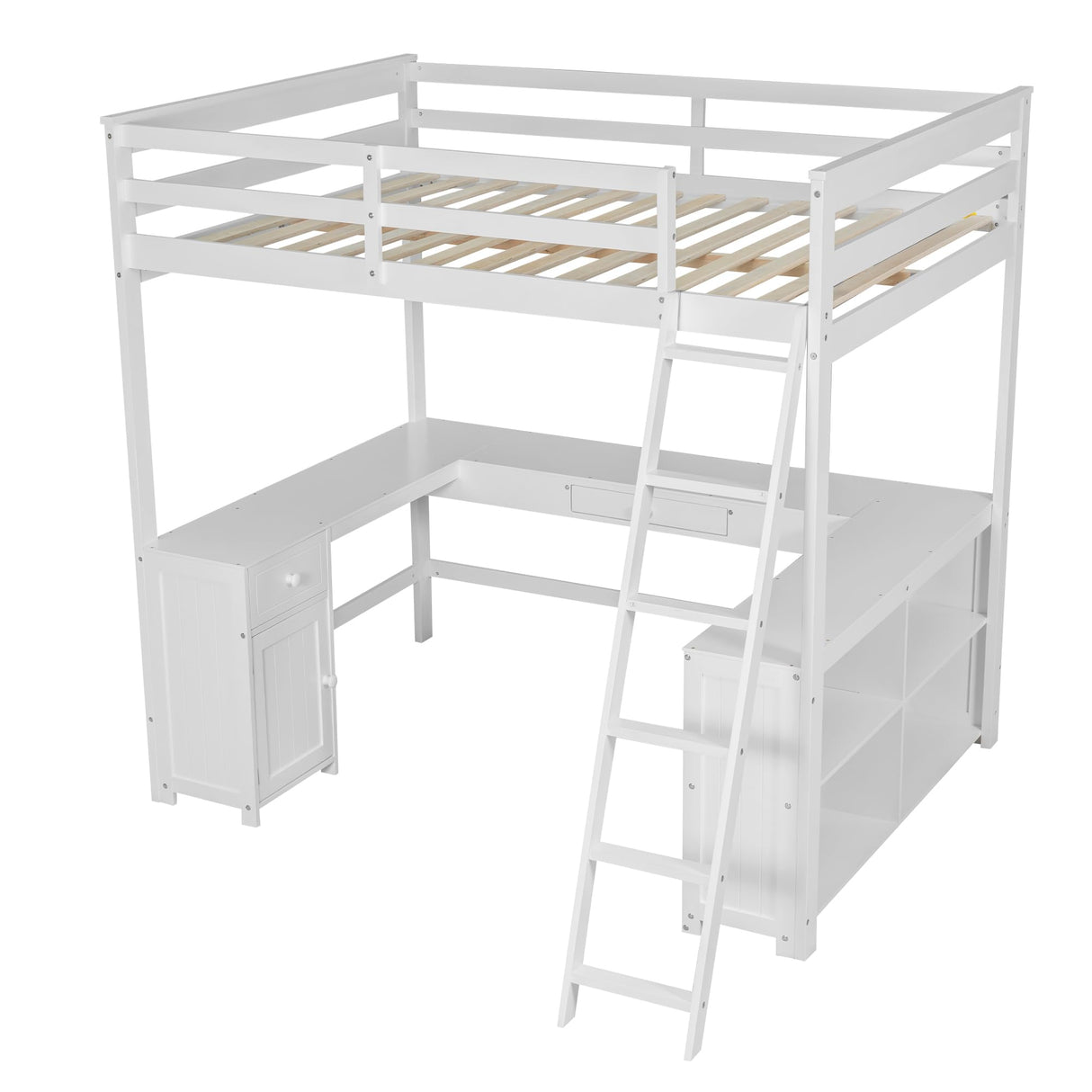 Merax Full Size Loft Bed with Desk and Storage, Full Loft Bed Frame with Drawers Shelves and Cabinet, Teens Kids Wooden Loft Bed Full with Storage for Apartment, No Box Spring Needed, White Merax